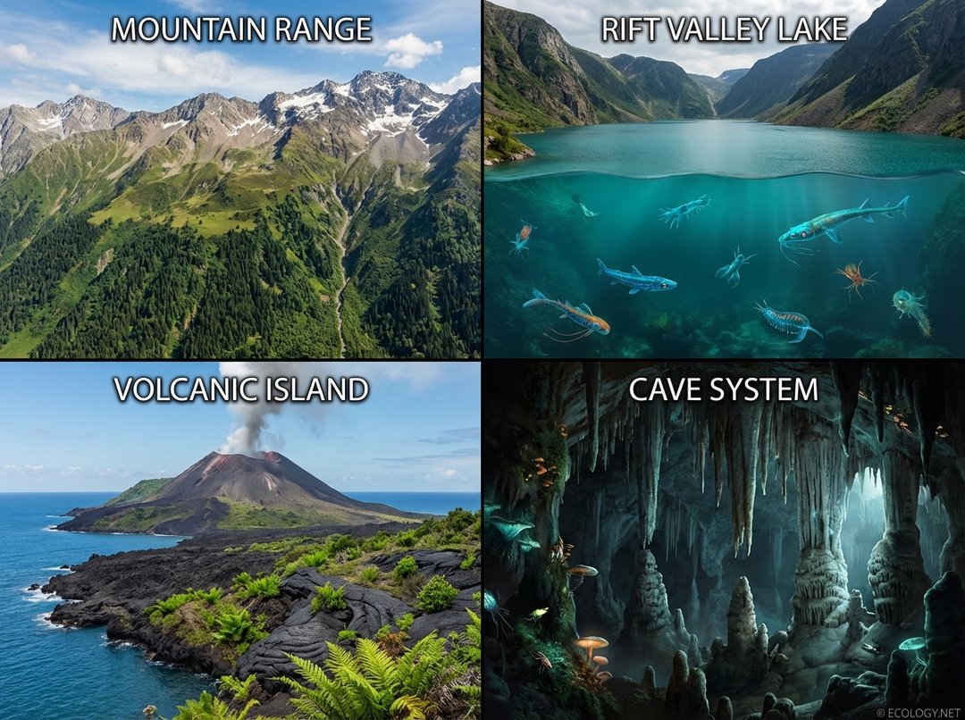 A composite image showcasing diverse habitats created by lithospheric processes, including a mountain range, rift valley lake, volcanic island, and cave system.