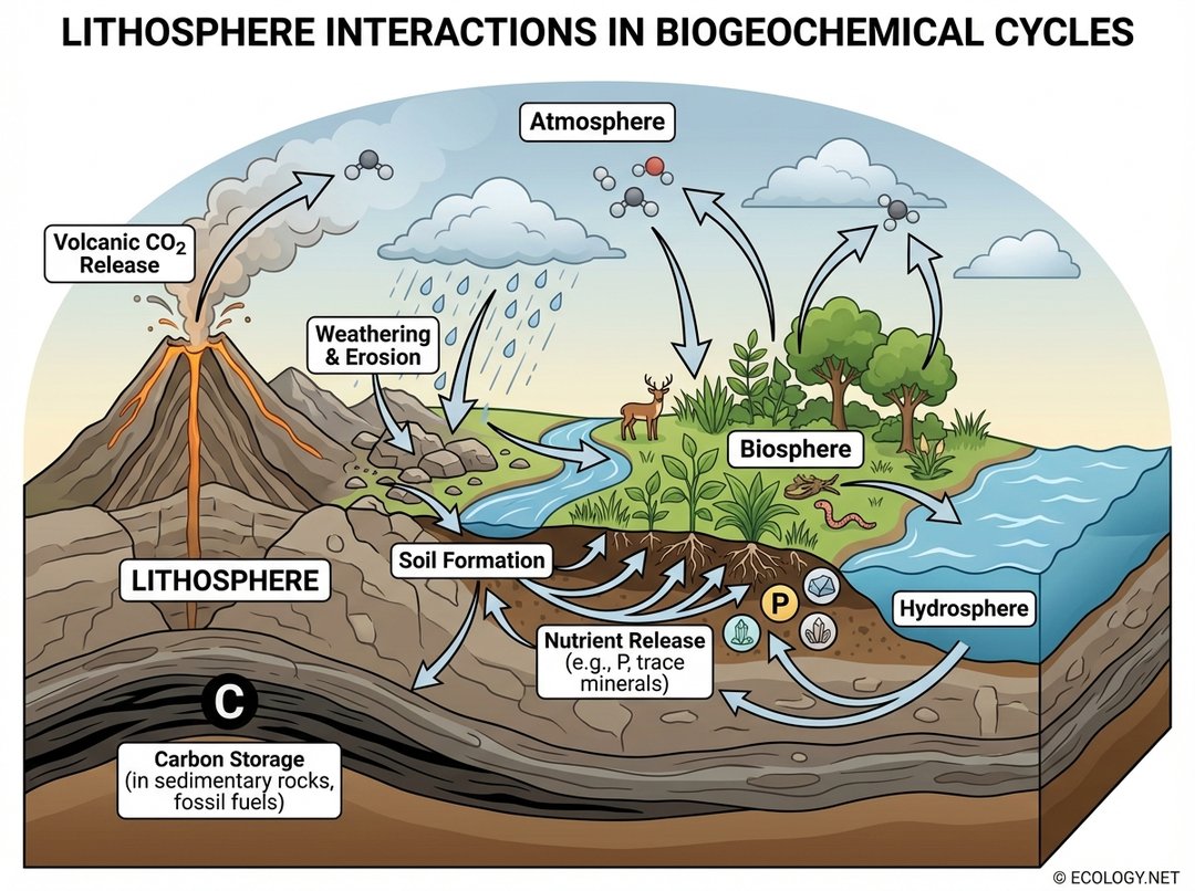 An illustrative diagram depicting the lithosphere's interaction with the atmosphere, hydrosphere, and biosphere in biogeochemical cycles, showing weathering, nutrient release, carbon storage, and volcanic CO2.