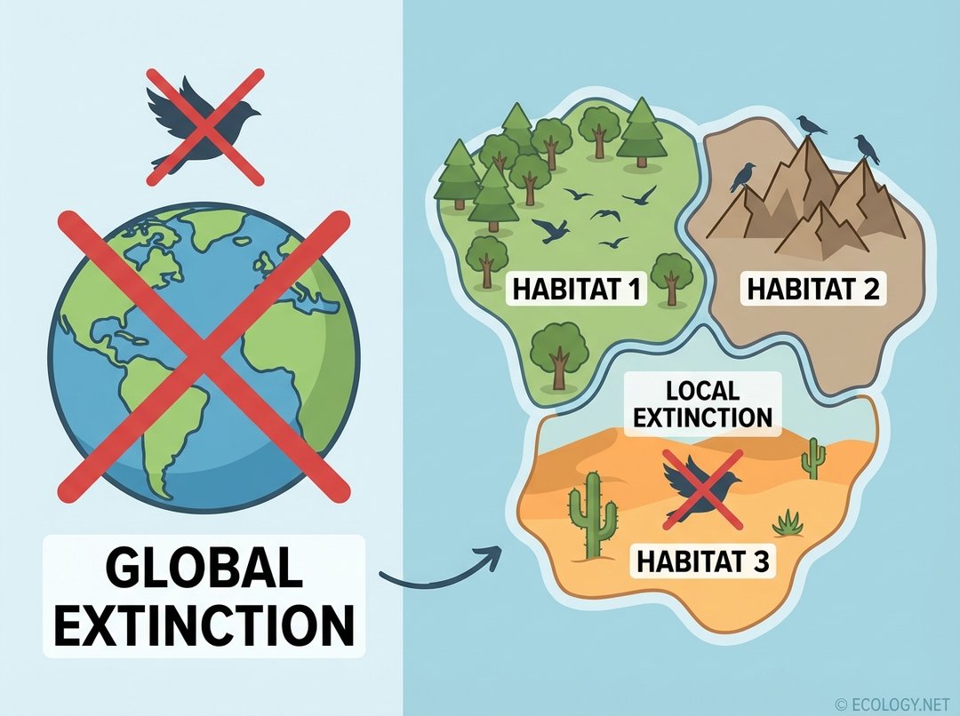 Diagram comparing global and local extinction. On the left, a stylized Earth with a crossed-out bird icon labeled 'Global Extinction'. On the right, a landmass with three habitats, showing the bird thriving in two but crossed out in one labeled 'Local Extinction'.