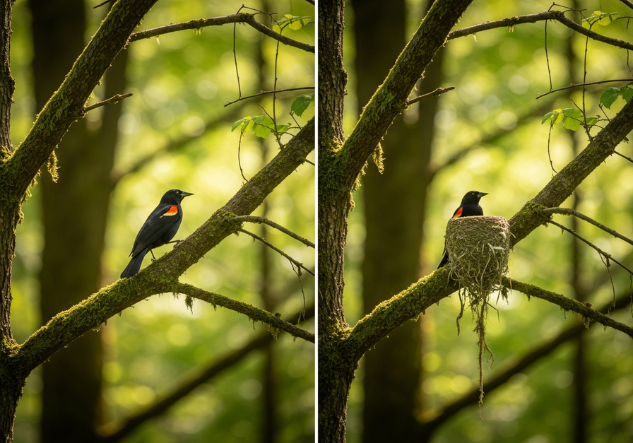 Split screen showing a vibrant red-winged blackbird in a forest on the left, and an empty nest on the same branch in the same forest on the right.