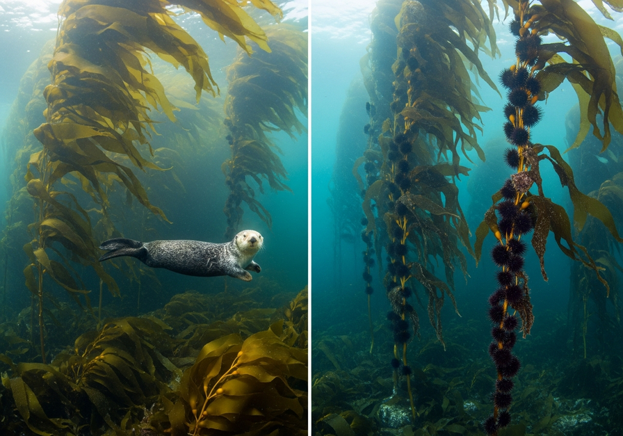 Split screen showing a healthy kelp forest with a sea otter on the left, and a barren seafloor covered in sea urchins with dead kelp on the right.