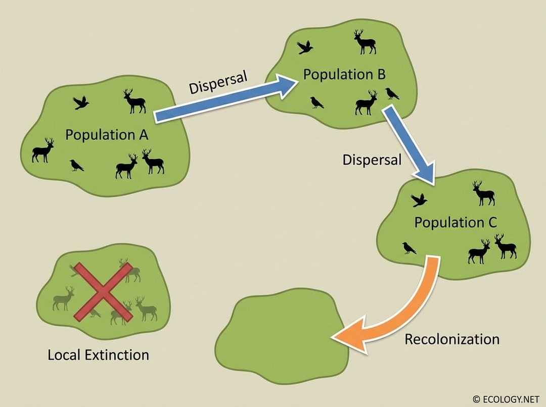 Illustrative diagram explaining metapopulation dynamics. Several isolated green habitat patches contain species icons. One patch shows crossed-out icons labeled 'Local Extinction'. An empty patch has an arrow pointing to it from a healthy population labeled 'Recolonization'. Other healthy populations are connected by arrows labeled 'Dispersal'.