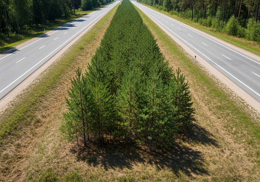 A single photo of a narrow, isolated strip of pine forest between two wide paved roads, showing clear habitat fragmentation.