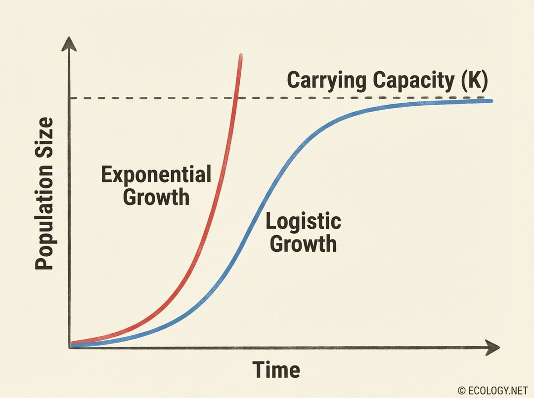 Graph comparing exponential J-curve and logistic S-curve growth, showing carrying capacity.