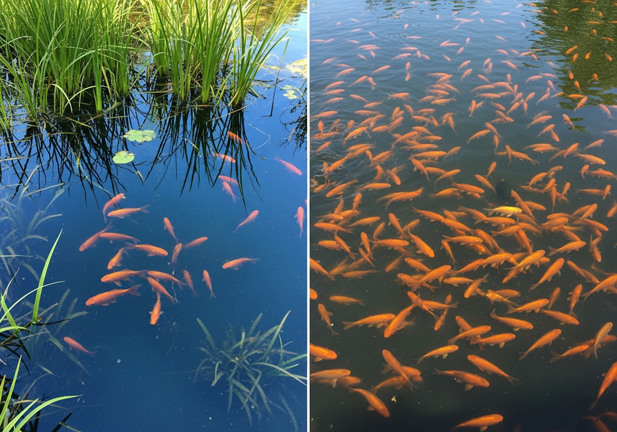 Split-screen image showing a pond. The left side has a few goldfish in clear water. The right side shows the same pond crowded with many fish, water slightly murkier.
