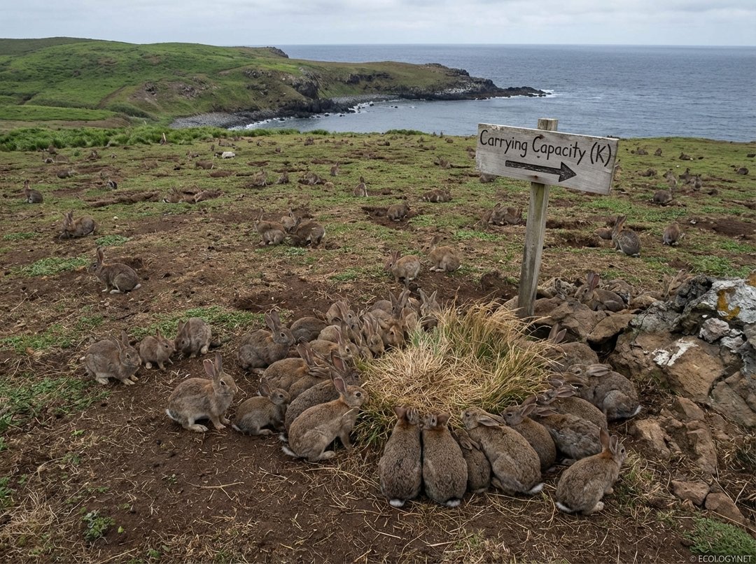 Overcrowded island with rabbits, illustrating carrying capacity and resource limits.