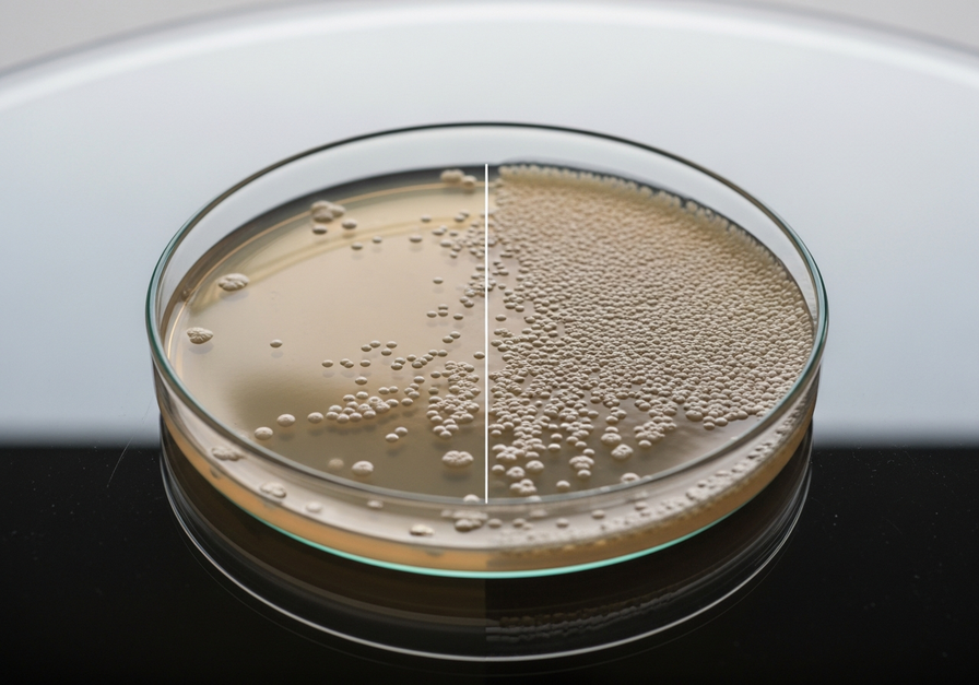 High-resolution split-screen photo of a Petri dish. The left side shows scattered, small yeast colonies. The right side shows dense, coalesced yeast colonies covering the agar.