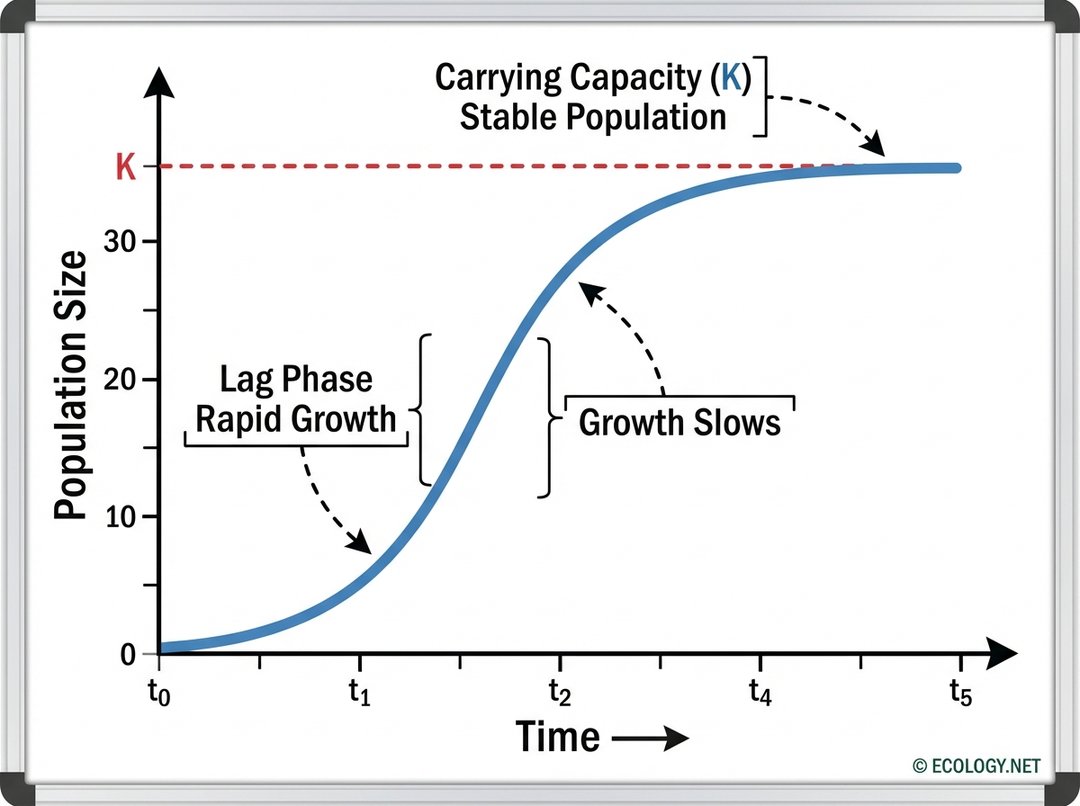 S-shaped logistic growth curve diagram, detailing lag, rapid growth, slowing growth, and stable population phases.