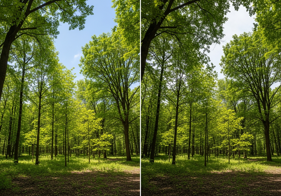 Panoramic split-screen photo of a forest clearing. The left side shows sparse young saplings. The right side shows the same clearing decades later, filled with dense, mature trees.