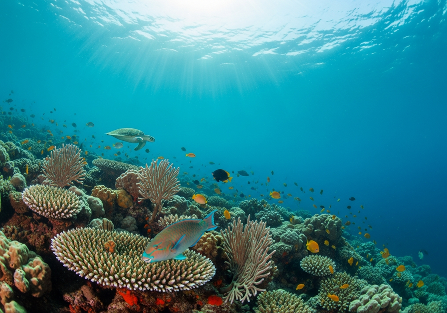 A vibrant tropical coral reef with sunlight filtering through clear turquoise water, showing diverse corals, sponges, anemones, and colorful reef fish. A parrotfish nibbles coral in the foreground, and a sea turtle glides in the background.