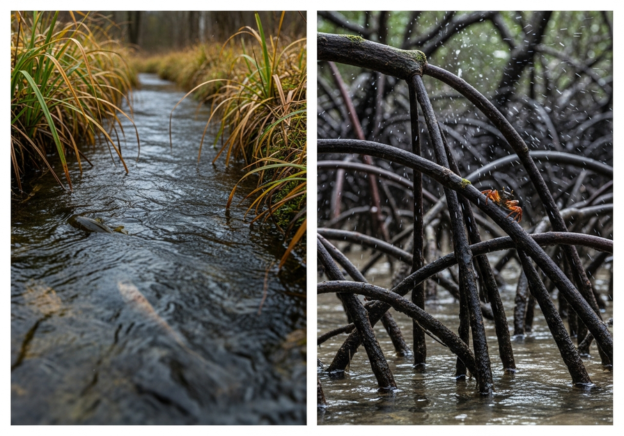 A split-screen image contrasting a clear freshwater stream with reeds and a small fish on the left, and a tidal mangrove swamp with tangled roots and a mud crab on the right, illustrating estuarine environments.