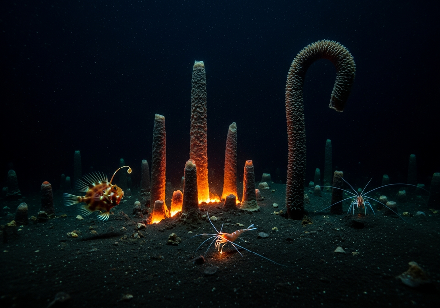 A dramatic, low-light view of a deep-sea hydrothermal vent field. Towering chimneys emit a faint orange glow, illuminating bioluminescent creatures like an anglerfish, a giant tube worm, and a small shrimp in the pitch-black water.