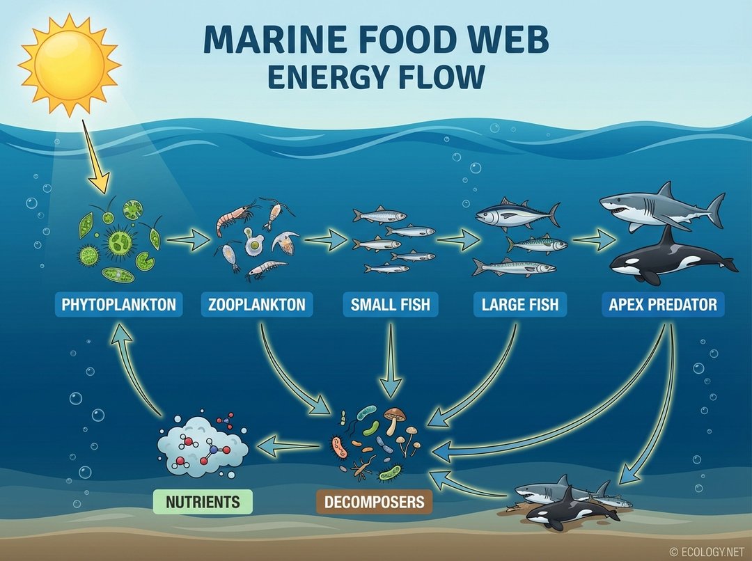Illustrative diagram of a marine food web showing energy flow from sun to phytoplankton, zooplankton, small fish, large fish, apex predator, and decomposers cycling nutrients.