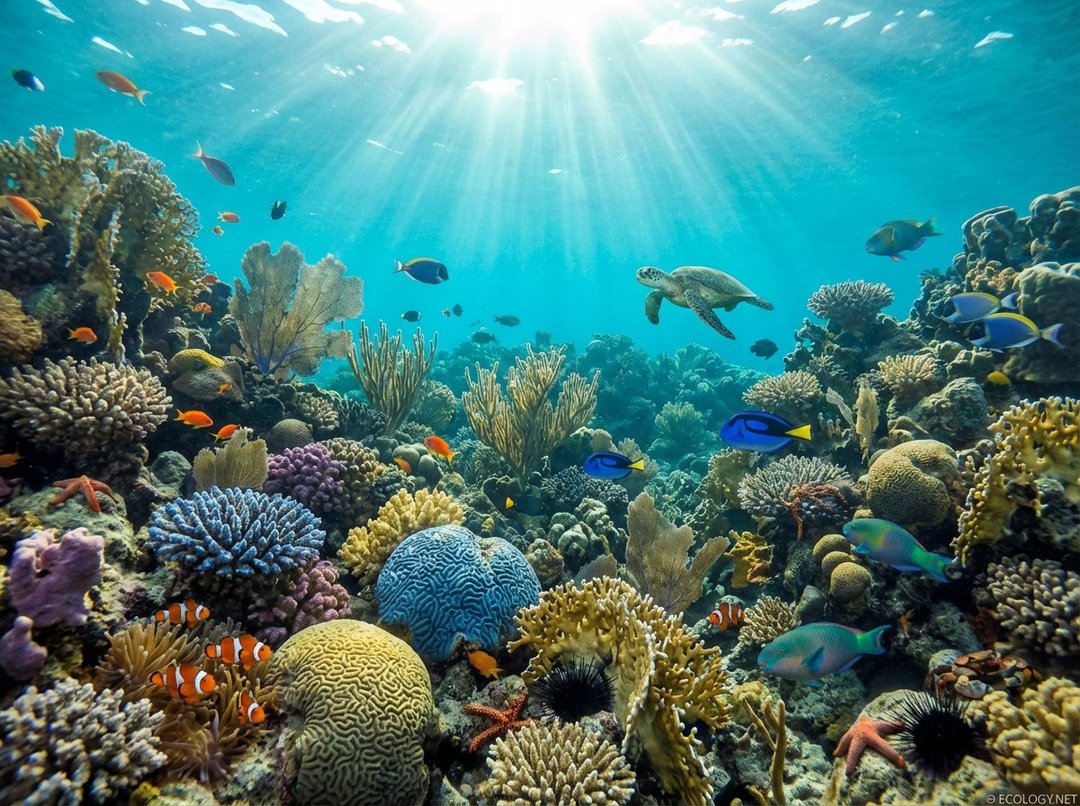 Photo-realistic image of a vibrant, healthy coral reef teeming with colorful fish, corals, and a sea turtle, brightly lit by natural sunlight.