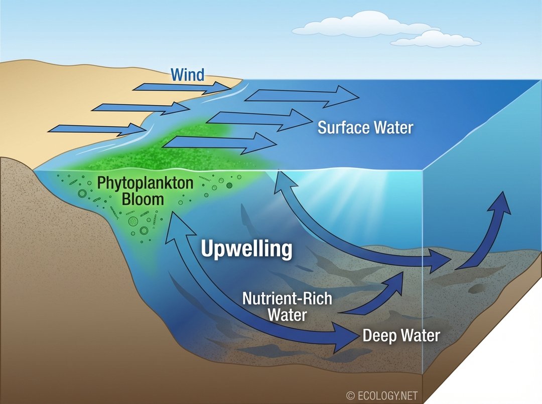 Illustrative diagram showing oceanic upwelling, with wind pushing surface water away from the coast, allowing nutrient-rich deep water to rise and cause a phytoplankton bloom.