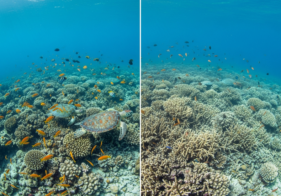Split screen showing a vibrant coral reef on the left and a bleached, dead reef on the right, illustrating marine biodiversity loss.