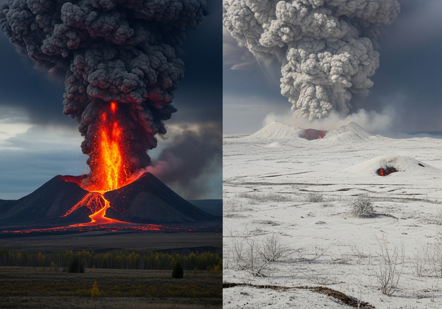 Split screen showing a massive volcanic eruption on the left and an ash-covered, devastated landscape on the right, depicting ecological devastation.