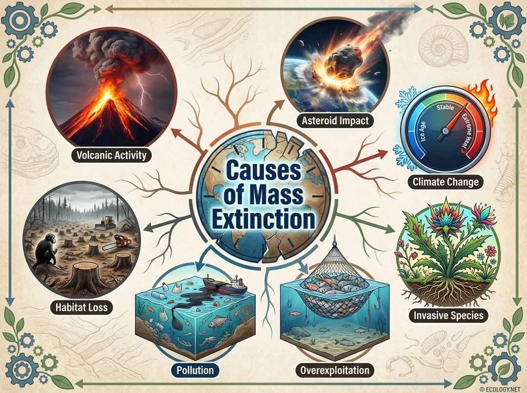 Illustrative diagram showing various causes of mass extinction, including volcanic activity, asteroid impact, climate change, habitat loss, pollution, overexploitation, and invasive species.