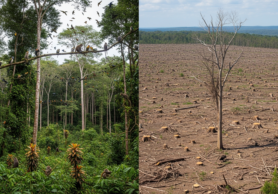 Split screen showing a lush tropical forest on the left and a clear-cut, barren area with stumps on the right, illustrating habitat loss.