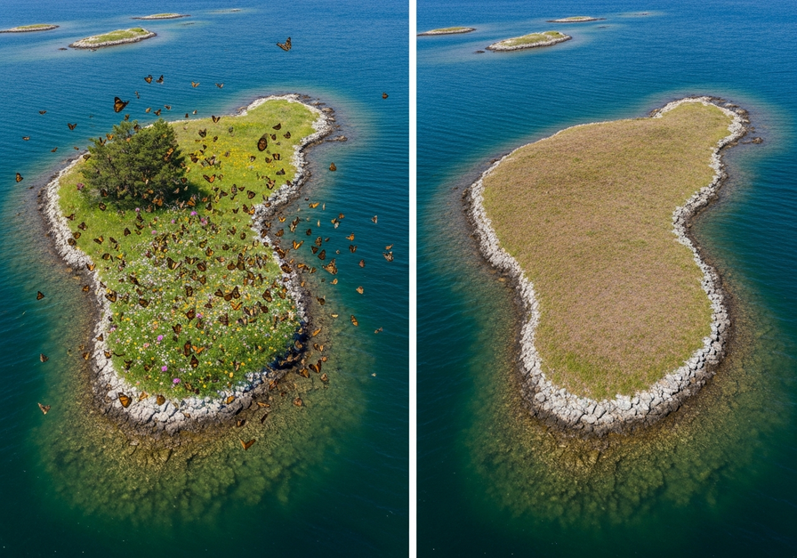 Split-screen image showing a lush island with butterflies next to a barren island, illustrating occupied and empty habitat patches.
