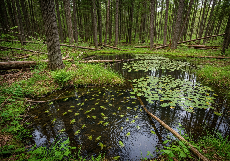 Forest ponds, one teeming with frogs and another empty, illustrating occupied and unoccupied habitat patches.
