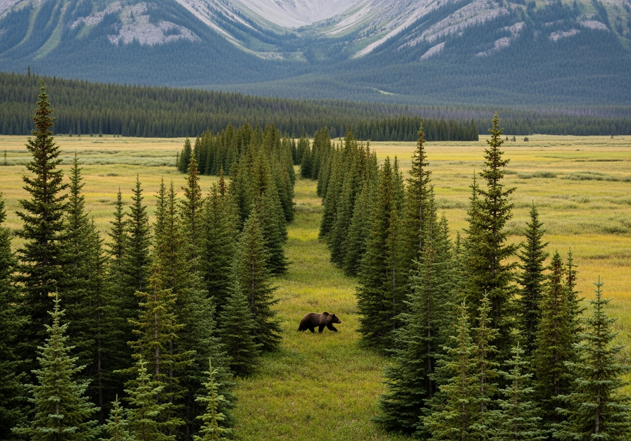 Grizzly bear walking through a narrow forested wildlife corridor connecting two larger forest patches.