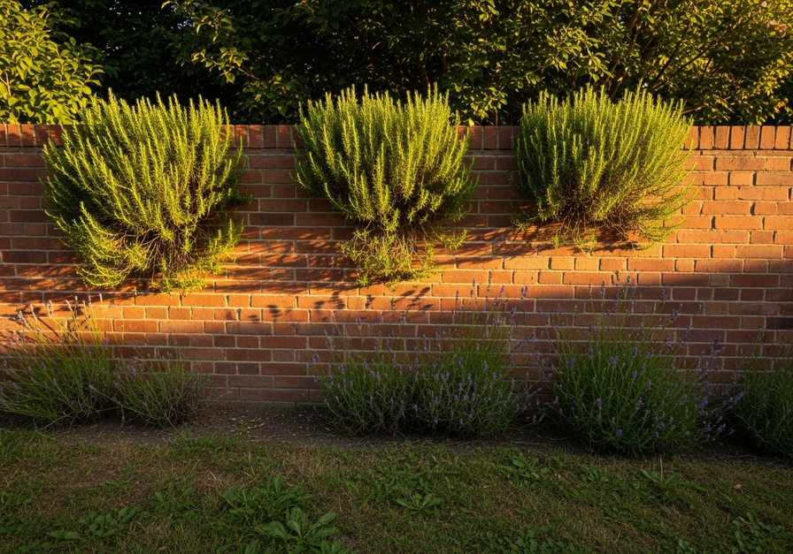 South-facing brick wall with thriving rosemary and lavender plants, illustrating a warm microclimate for heat-loving plants.