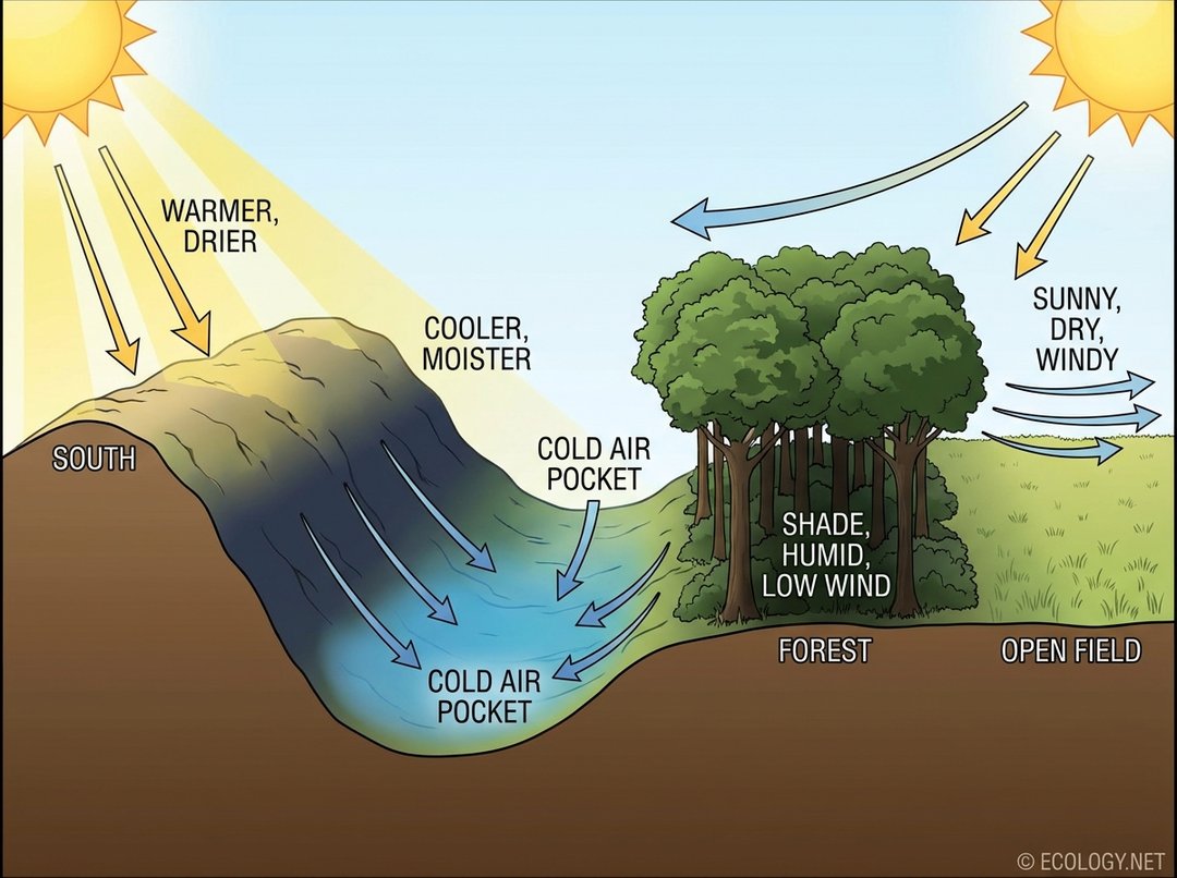 Diagram illustrating how topography and vegetation create microclimates, showing warm south-facing slopes, cool north-facing slopes, cold air pockets in valleys, and differences between forests and open fields.