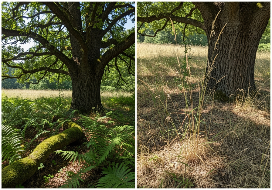 Split-screen image showing cool, moist shade with ferns under an oak tree on the left, and bright, dry sunlit ground with grasses on the right, demonstrating contrasting microclimates.