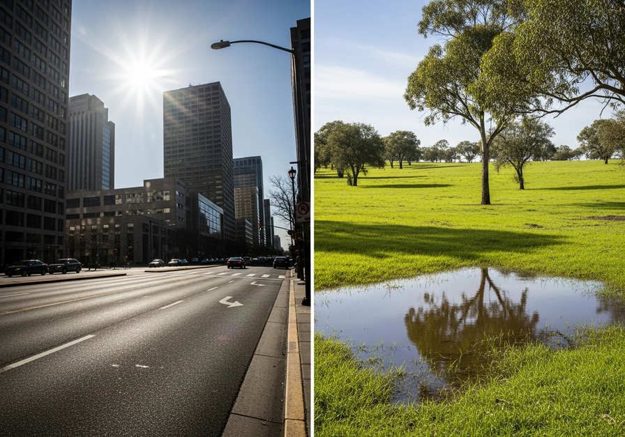 Split-screen image contrasting a hot urban street with concrete and buildings on the left, and a cooler rural field with grass and trees on the right, illustrating the urban heat island effect.