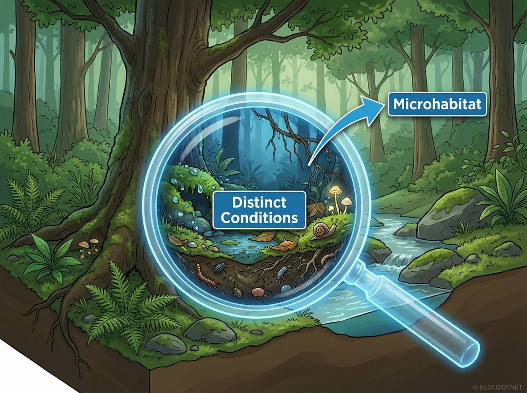 Illustrative diagram showing a forest habitat with a magnified view of a distinct microhabitat at a tree base, highlighting unique conditions and tiny organisms.