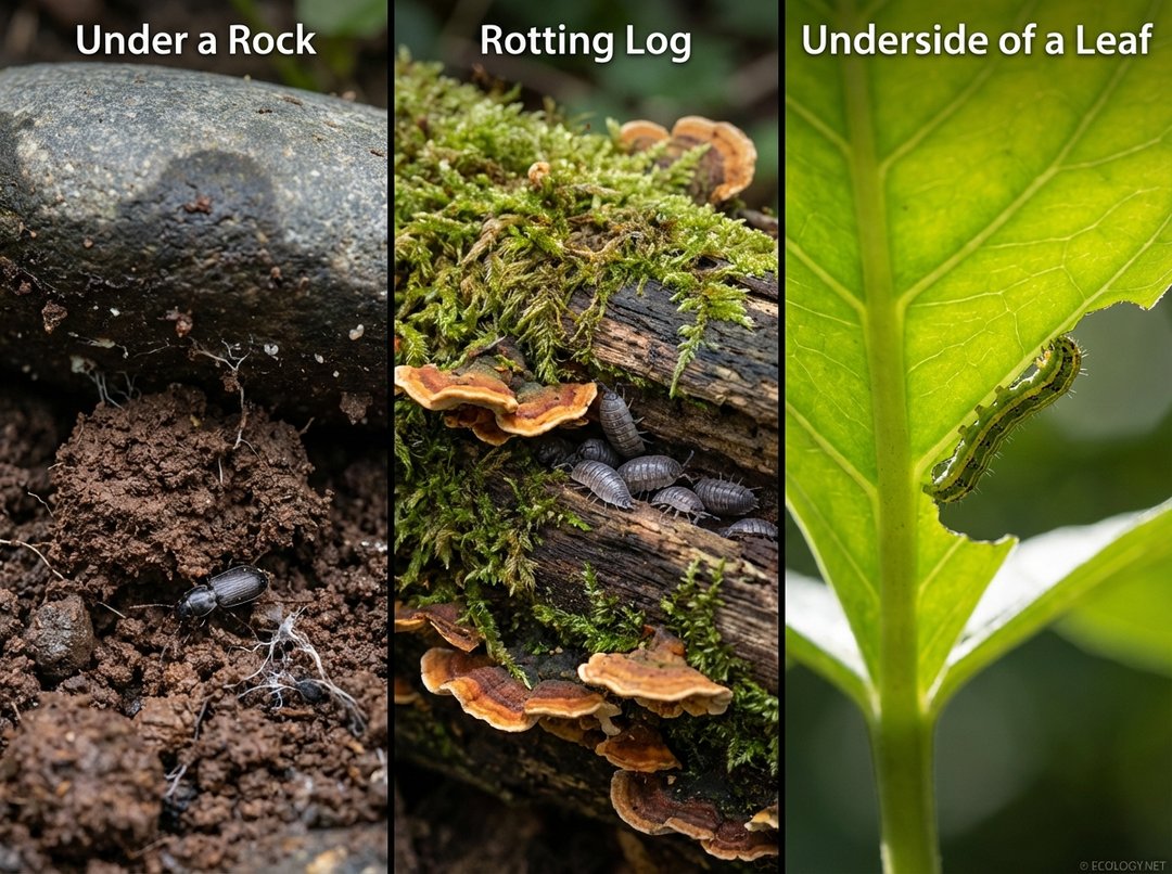Triptych image showing close-ups of common microhabitats: under a rock with a beetle, a rotting log with woodlice, and the underside of a leaf with a caterpillar.