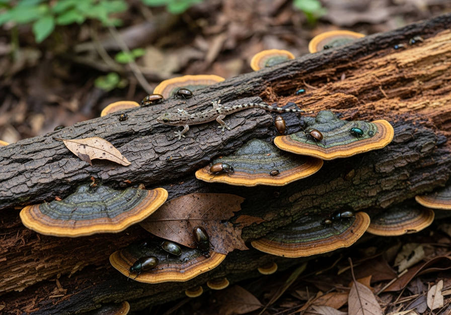 Life in a Decaying Log: A photo of a partially decomposed log covered with bracket fungi, damp bark, a small gecko, and beetles, showcasing a rich microhabitat.