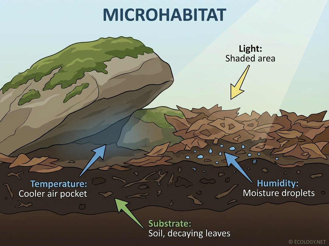 Diagram illustrating key environmental factors defining a microhabitat, such as temperature, humidity, light, and substrate, within a cross-section of a small environment.