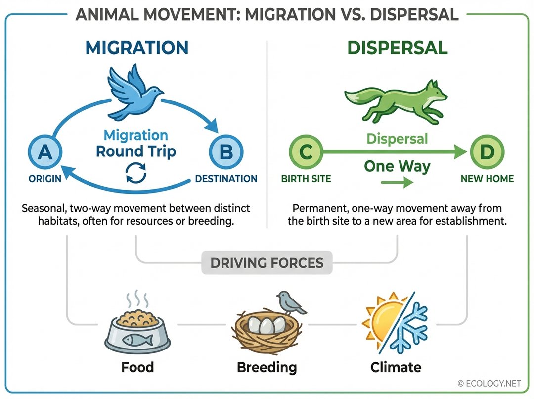 Diagram comparing animal migration (round trip) and dispersal (one way), showing driving forces like food, breeding, and climate.