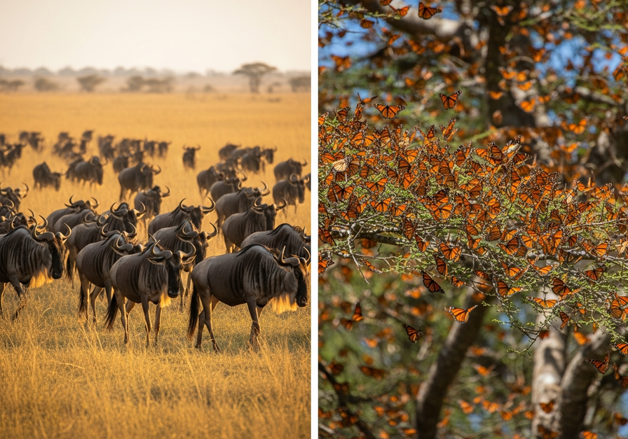 Split image showing a massive herd of wildebeest migrating across the African savanna on the left, and a swarm of bright orange monarch butterflies fluttering in a tree on the right.