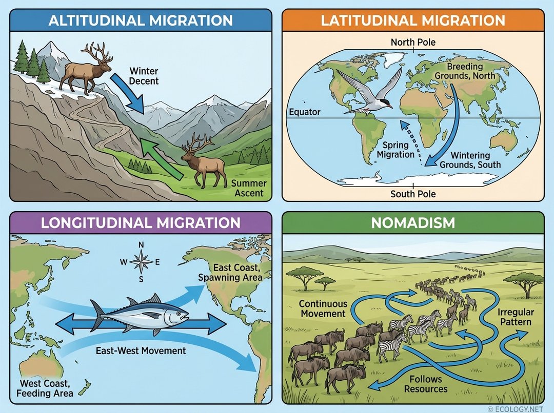 Diagram illustrating four types of animal migration: Altitudinal, Latitudinal, Longitudinal, and Nomadism, with examples like elk, birds, fish, and wildebeest.