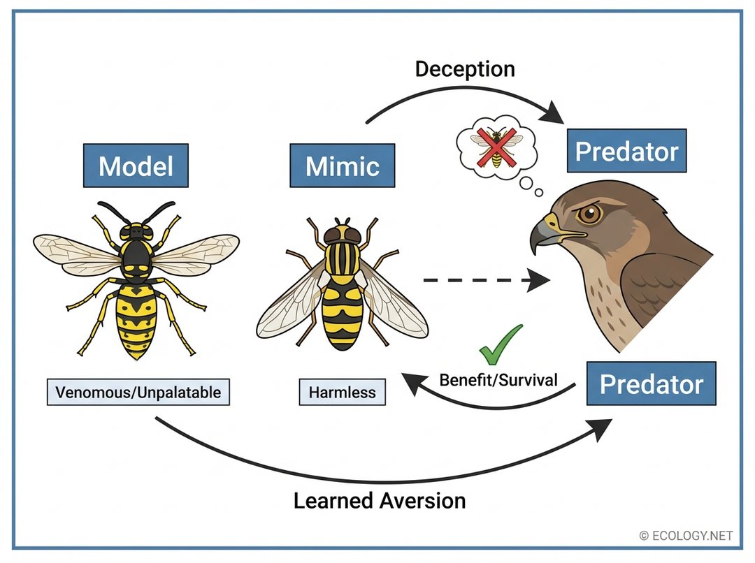 Diagram illustrating the fundamental concept of mimicry with a model, mimic, and predator.
