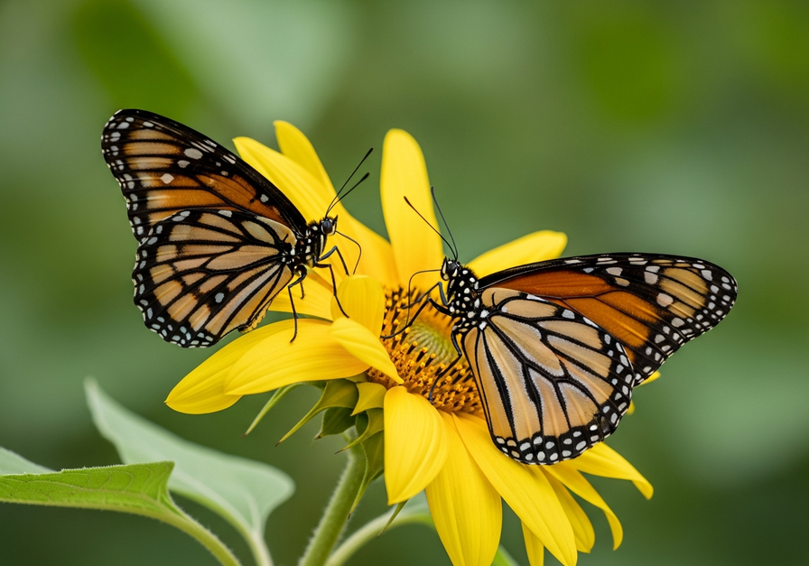 A viceroy butterfly mimicking a monarch butterfly, both perched side by side on a bright yellow sunflower petal, illustrating Batesian mimicry.