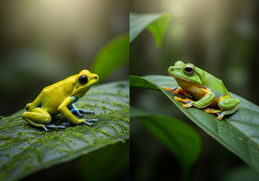 A split-screen image showing a golden poison frog and a green tree frog, both with similar bright yellow-green coloration, illustrating Müllerian mimicry.