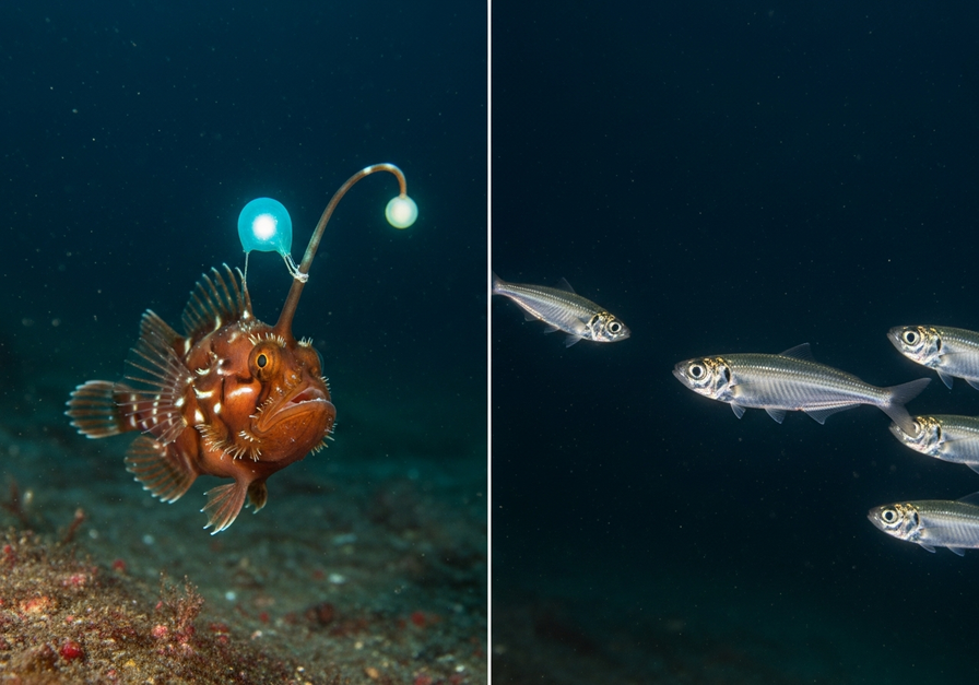 A split-screen underwater image showing a deep-sea anglerfish with its bioluminescent lure and a small schooling fish approaching the lure, illustrating aggressive mimicry.