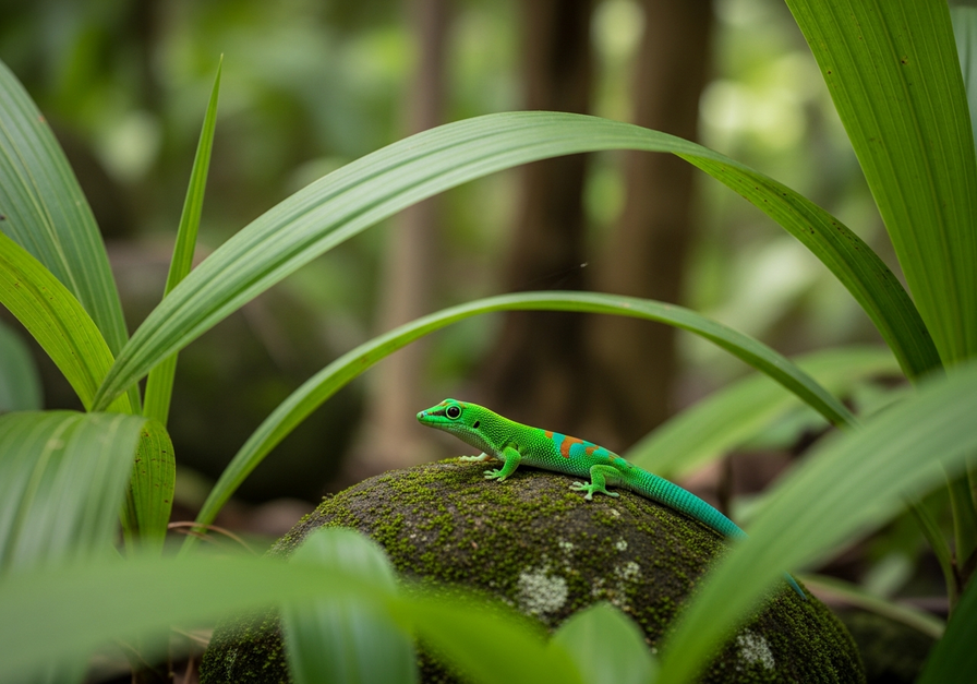 A solitary bright green and blue gecko on a mossy stone, surrounded by blurred tropical foliage, symbolizing a dwindling population.