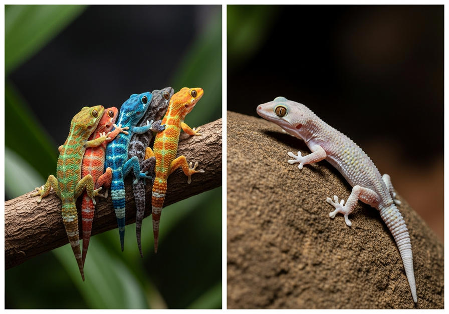 A split-screen image showing a vibrant group of five geckos on a branch on the left, and a single pale gecko with a deformed tail on a rock on the right, illustrating genetic diversity versus inbreeding depression.