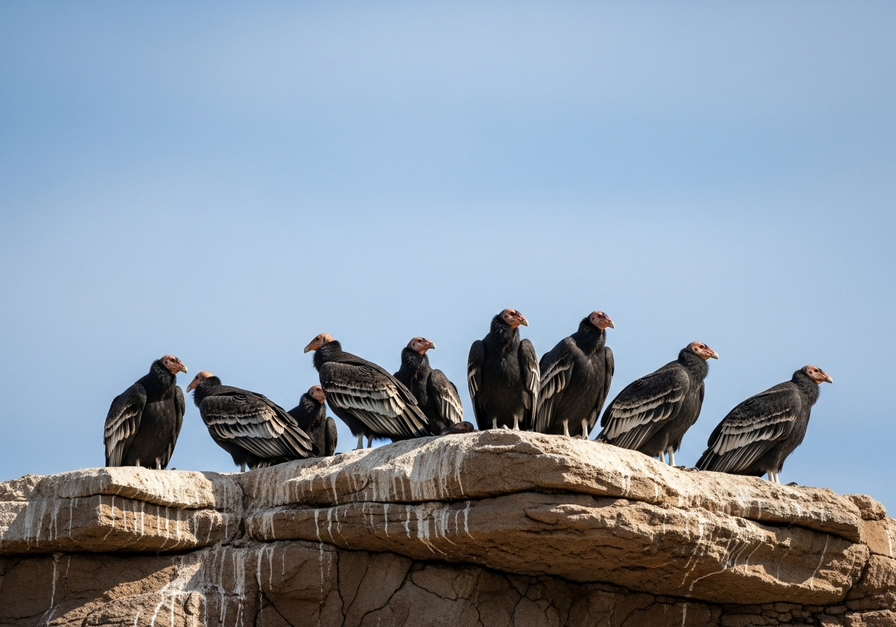 A flock of about ten California condors perched on a man-made cliff against a blue sky, representing a successful conservation effort.