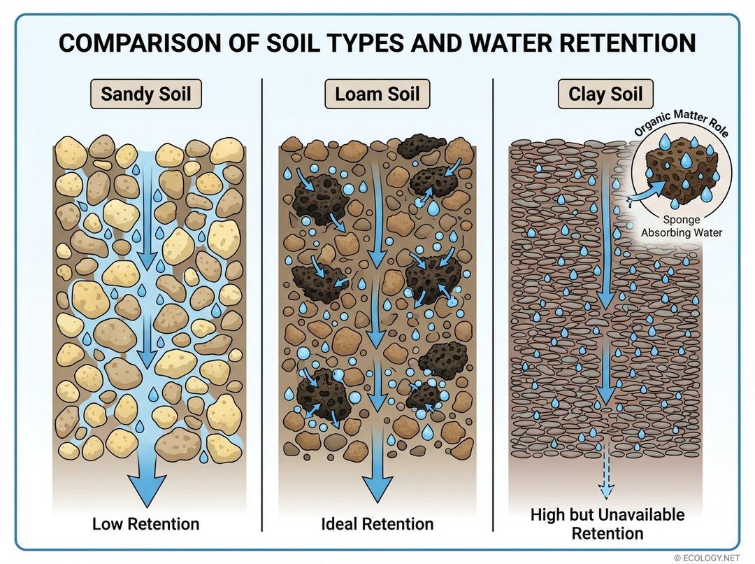 Illustrative diagram comparing sandy, loam, and clay soil cross-sections, showing their differing water retention capacities and the role of organic matter.