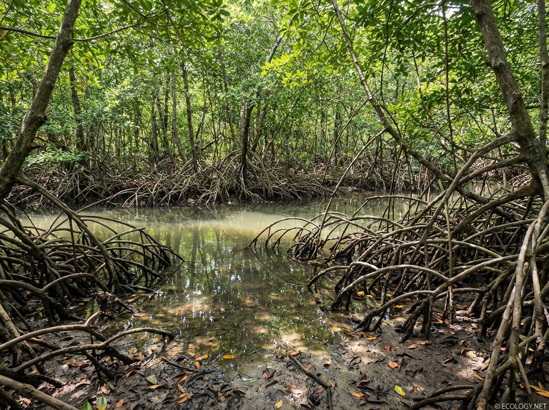 Photo-realistic image of a dense mangrove forest with intricate prop roots in shallow water, illustrating its role in trapping water and organic matter.