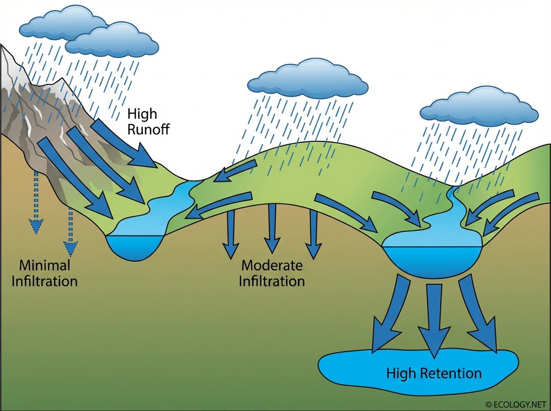 Diagram showing how topography influences moisture retention, with steep slopes having high runoff, gentle slopes moderate infiltration, and valleys high retention.