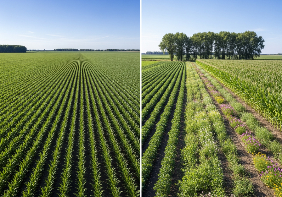 A split-screen drone view showing a vast, uniform cornfield on the left contrasting with a diverse farm landscape featuring multiple crops and trees on the right, highlighting the visual difference between monoculture and diversified farming.