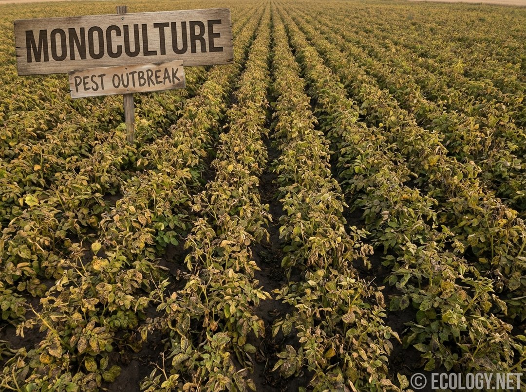 Photo of a monoculture field, such as potatoes, suffering from a widespread pest outbreak or disease.