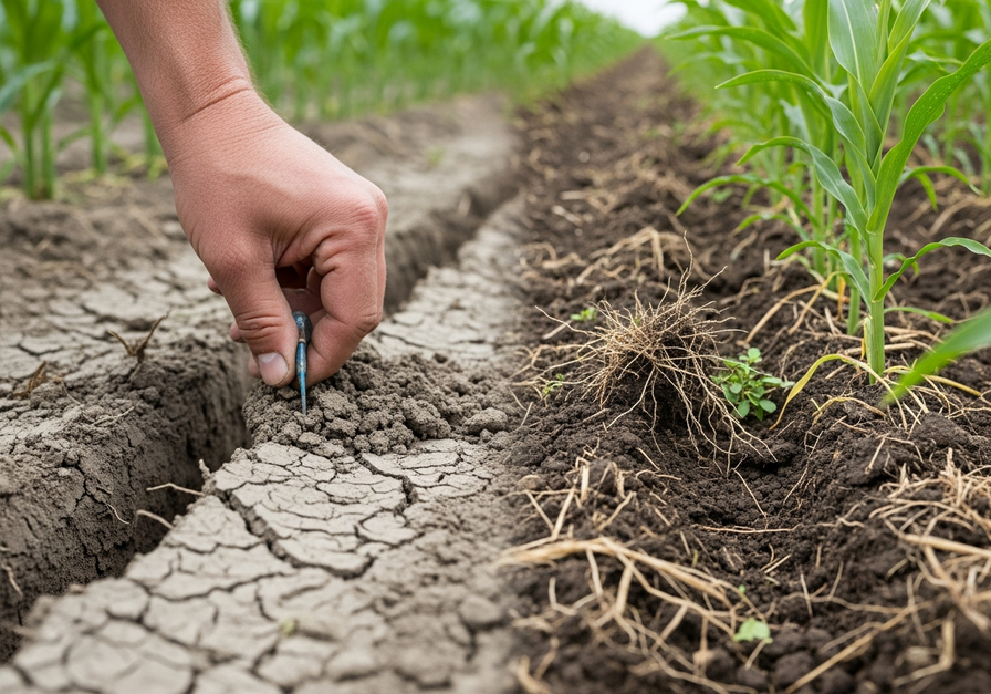 A split-screen close-up of soil: on the left, dry, compacted, grayish soil from a monoculture field; on the right, rich, dark, healthy loam with visible roots and organic matter from a polyculture field, illustrating the impact on soil health.